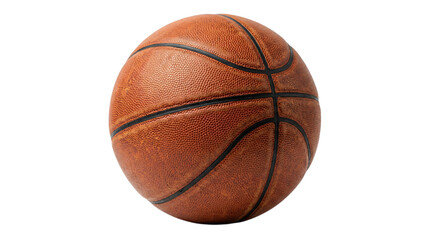 Fototapeta premium Closeup of a worn brown leather basketball with black lines on a white background showing texture and panels