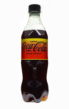 Coca Cola zero sugar lemon flavour bottle isolated on white background