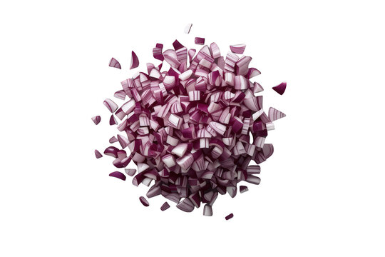 Diced red onion pieces scattering, fresh purple vegetable ingredient for cooking and food preparation, transparent background
