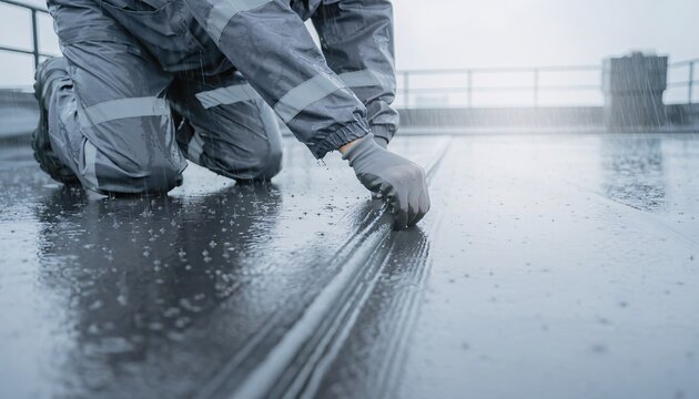 Person in protective gear working on wet rooftop.