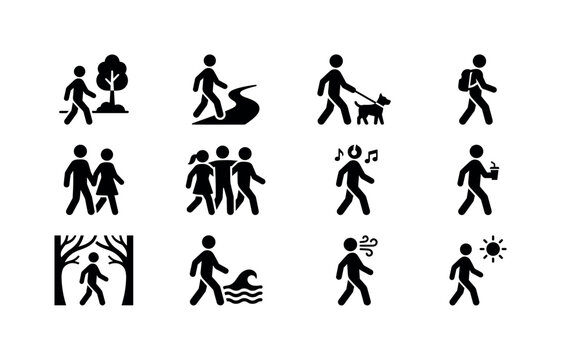 Collection of diverse walking activity icons representing various scenarios and lifestyles