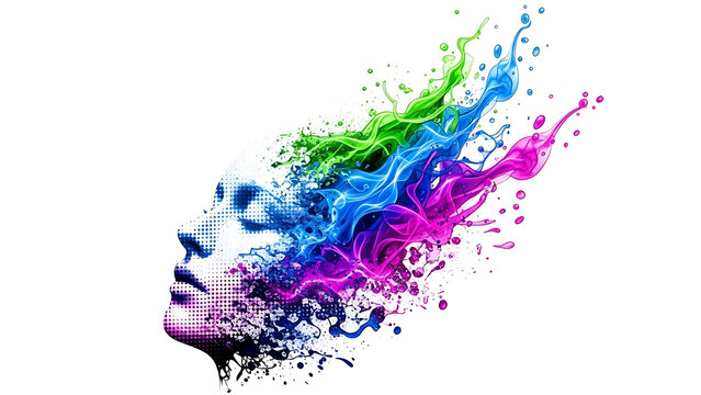 Colorful abstract face dissolving isolated on a transparent background