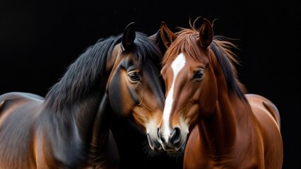 Fototapeta premium Two horses nuzzling close together on black studio backdrop