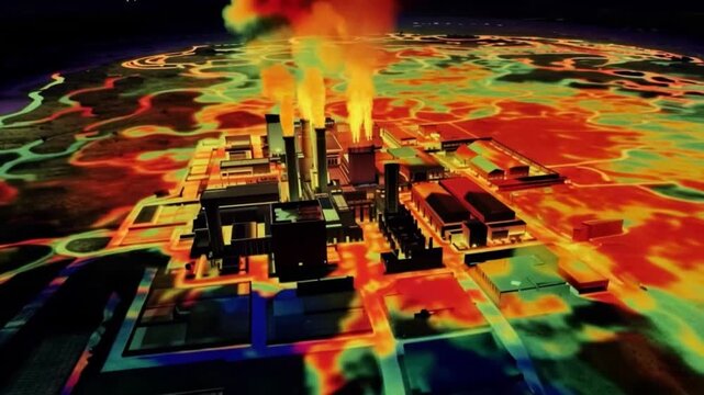 Industrial plant pollution smoke heat map environmental impact factory emissions energy power station thermal imaging industrial complex chimneys smoke stacks air pollution toxic gases chemical plant