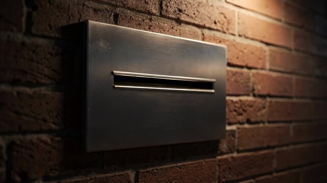 Medium shot of a night deposit drop box embedded in a brick wall illuminated by soft lighting with the slot in sharp focus and the background softly blurred.