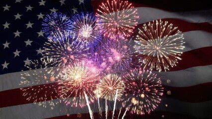Fototapeta premium Multiple fireworks bursting over large american flag backdrop