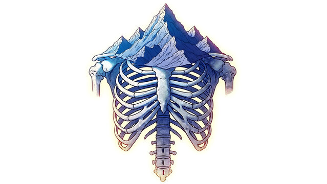 Surreal blue ribcage with mountain range isolated on a transparent background