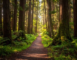 Obraz premium Sunlit forest path with towering trees and lush fern undergrowth creating a serene scene