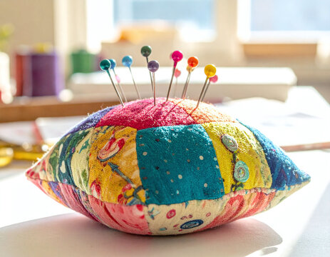 Vibrant handmade patchwork pincushion with colorful sewing pins in bright, natural light. Captures the spirit of craftsmanship, DIY hobbies, tailoring, and creative textile artistry.