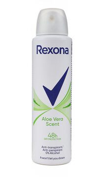 Rexona deodorant aloe vera scent spray bottle isolated on white background