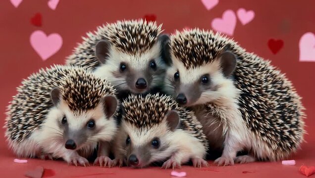 Charming 4K festive visual of three hedgehogs cuddling on red background with hearts delivering high quality and cute celebratory scene for holiday media
