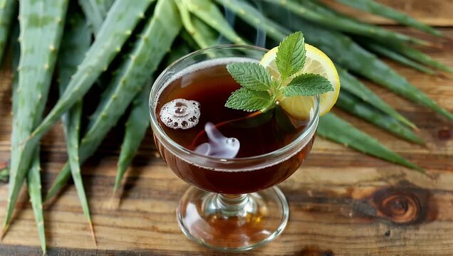 Sophisticated 4K culinary visual of smoky mezcal cocktail with citrus and mint on textured wood surface showcasing high quality agave leaves and luxury beverage themes