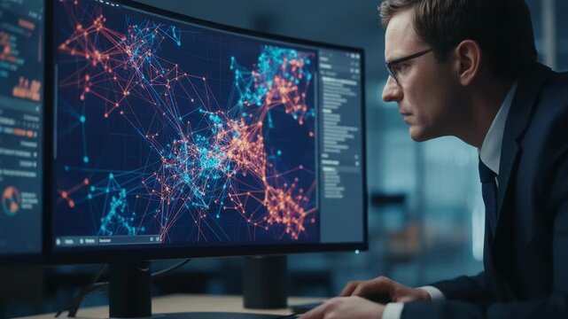 Professional analyst studies intricate AIgenerated card fraud patterns on a sleek dashboard with other interface elements purposely out of focus to highlight intense scrutiny.