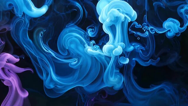Mysterious 4K blue and purple glowing fog and mist texture featuring abstract water paint and smoke mix that provides high quality artistic background with ample copy space