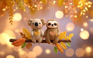 Obraz premium Cute 3D Illustration of Koala and Sloth Hanging from a Branch in Autumn