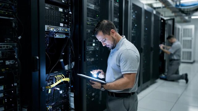 Maintenance scene in a banks data center aisle with technicians inspecting server racks closely while background racks and cooling equipment remain softly out of focus.