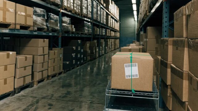 Medium shot of offsite warehouse with rows of storage boxes on industrial shelves focus on a particular box label rest of the shelving and floor subtly blurred.
