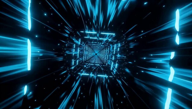 Retro futuristic 4K neon glowing rectangle frame animation with rotating magic cover effect featuring vibrant blue light shape on black background for creative photo and video overlays