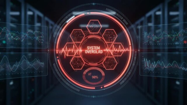 Medium shot of a realtime financial stability dashboard under stress conditions with a central alert panel in sharp detail and peripheral graphs gently faded.