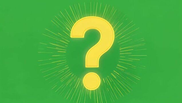 Vibrant 4K vector animation on green screen featuring glowing yellow question mark with radiating light rays perfect for educational content quizzes and help desk themes