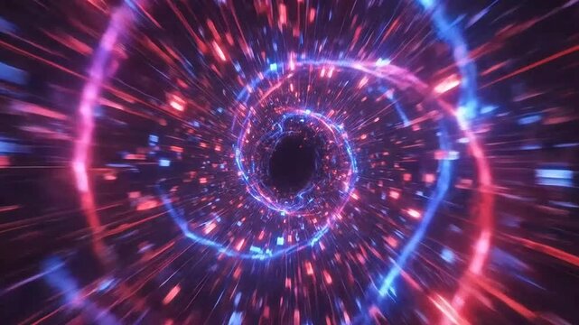 Dynamic abstract data tunnel with vibrant light trails creating a futuristic hyperspace effect.