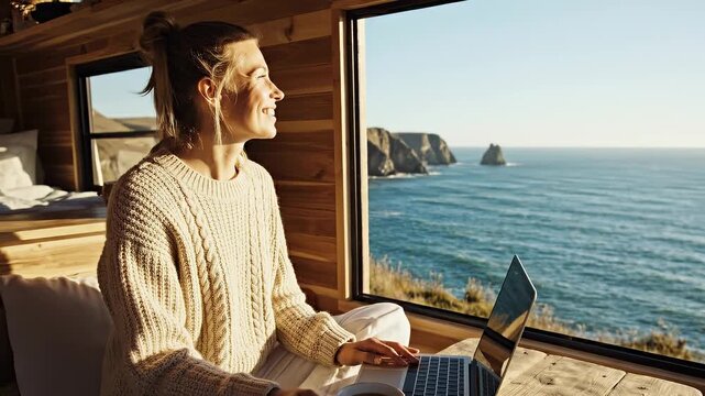Young woman happily working remotely from a camper van using her laptop, enjoying a refreshing cup of coffee, embracing the digital nomad lifestyle and work life balance with an inspiring ocean view.
