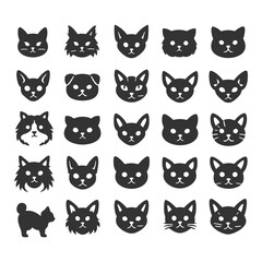 Obraz premium Collection of cat and dog face icons in black silhouette style.