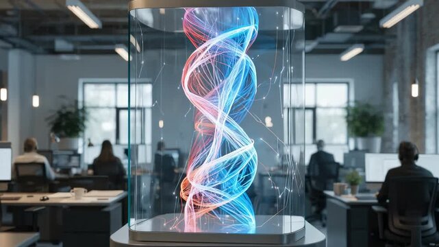 Medium shot showing AIpowered inflation modeling with price trajectory projections on the main screen and blurred activity of data scientists in the workspace.