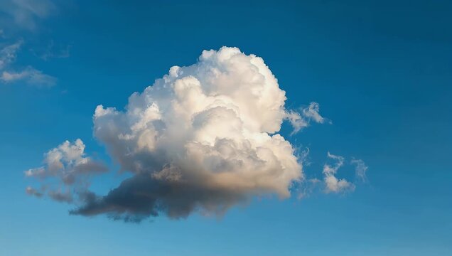 Minimalist 4K sky study of single soft white cloud floating vast clear blue sky captured from low angle to evoke serene and peaceful atmosphere