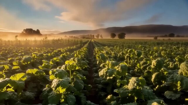 Green vegetable field with fresh leaves under foggy morning sunrise, mountain agricultural landscape showcasing healthy crops in misty rural environment and natural outdoor scenery
