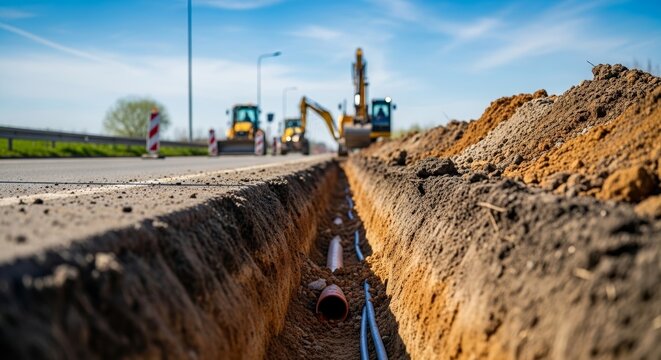 Road construction site with machinery and deep trench for infrastructure. Excavation work involves heavy equipment digging and preparing for utilities installation.