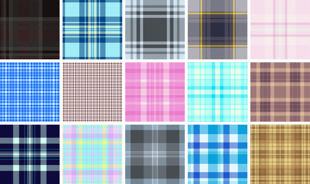Plaid pattern pack for printable modern fashion templates. Suitable for e-commerce mockups, line sheets, and product presentations. Seamless vectors maintain alignment.