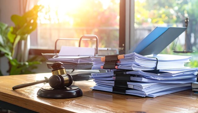 A gavel sits beside a pile of papers and folders on a wooden desk, bathed in warm sunlight from a nearby window