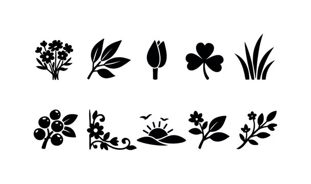 Collection of simple black nature icons including flowers, leaves, and sunrise