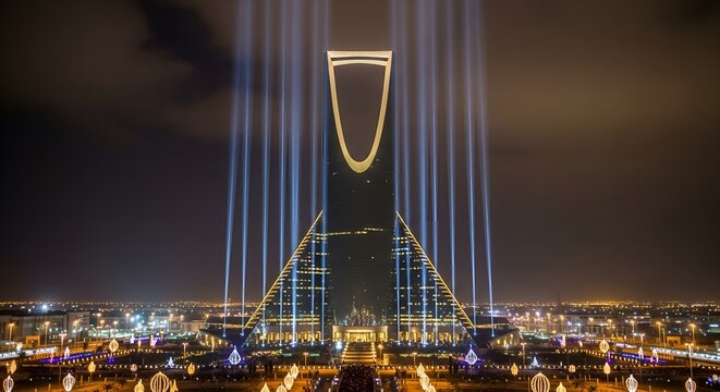 Kingdom Centre shooting light beams into the night sky during an event in Riyadh
