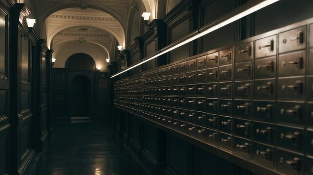 Medium shot of a safe deposit box corridor featuring uniform rows of small lockable boxes with the main row in crisp focus and the background softly blurred.