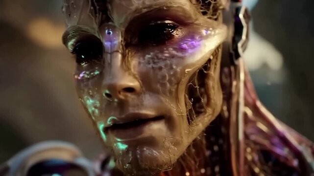 Futuristic humanoid robot face with intricate mechanical and organic details glowing softly dim light, showcasing artificial intelligence and glowing metallic textures with reflective surfaces