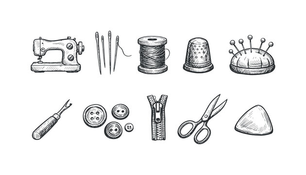 Collection of hand-drawn sewing tools and notions for crafting and tailoring