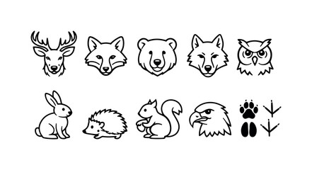 Fototapeta premium Collection of stylized forest animal icons and tracks on a white background