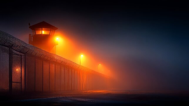 Dense Fog Surrounds Massive Prison Compound with Tower and Dim Lighting