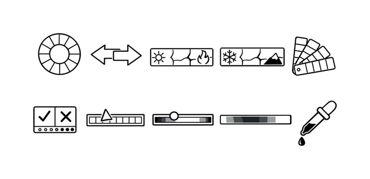 Collection of simple icons representing color theory and interface controls