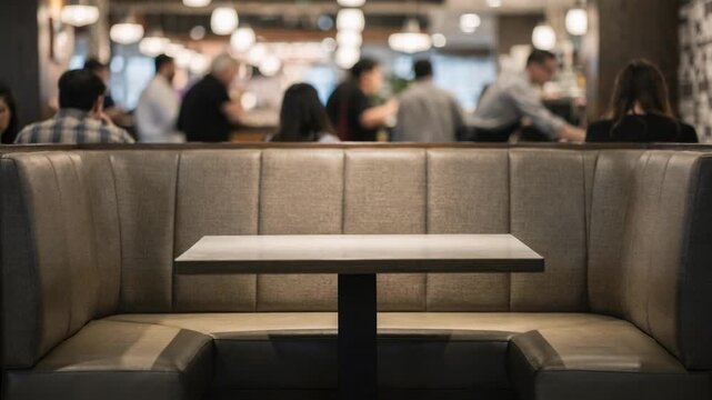 Cozy booth seating in a fastpaced dining area shown in medium shot the booth upholstery and table clearly defined against an outoffocus crowd scene.