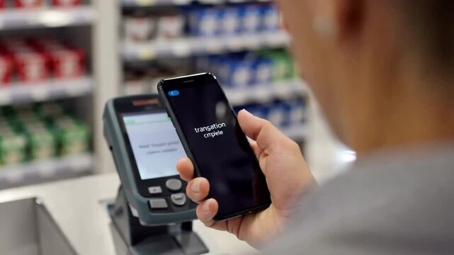 Mobile phone payment terminal transaction complete with contactless payment, hand holding phone retail store showcasing digital wireless transaction technology for customer checkout