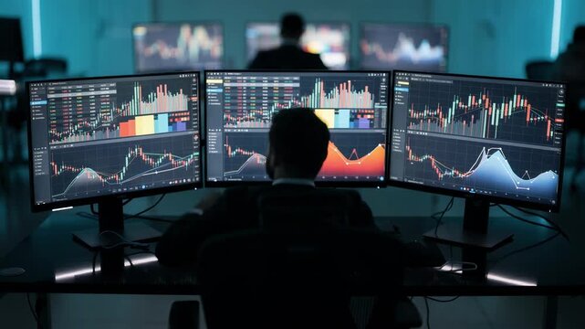 Volatile market medium shot featuring a digital trading workstation with focused multiscreen displays of rapid price fluctuations updated watchlists and order execution windows