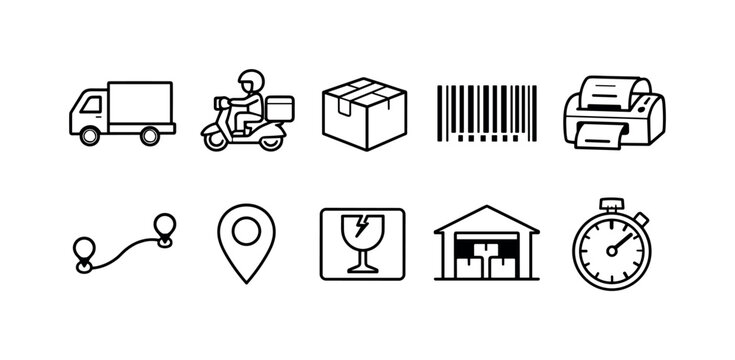 Collection of simple line icons representing logistics and delivery services