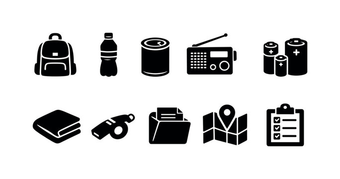 Collection of emergency preparedness icons including backpack, water, canned food, radio, batteries, and map