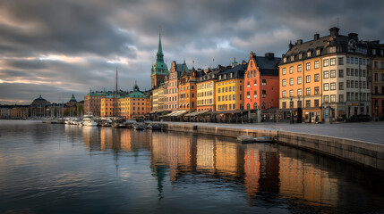 Fototapeta premium Evening Glow over Gamla Stan: The Historic Heart of Stockholm Reflected in the Baltic Sea