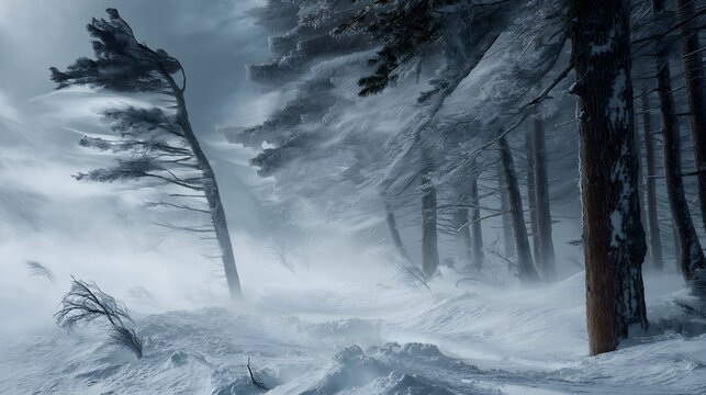 Ethereal Winter Tempest: Frost-Covered Trees in a Ghostly Whiteout Blizzard