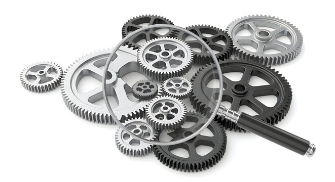 Magnifying glass examining a collection of interlocking gears, symbolizing analysis and mechanical systems