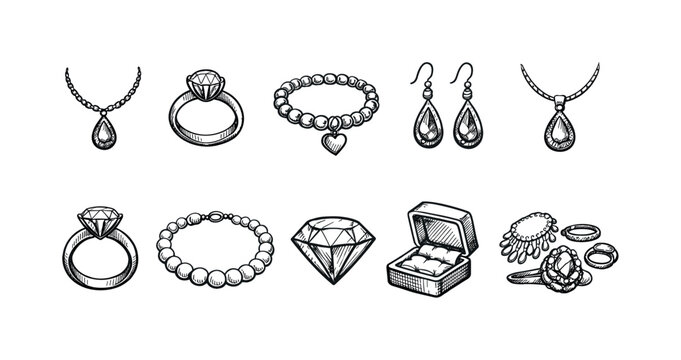 Collection of hand-drawn jewelry illustrations including rings, necklaces, and earrings
